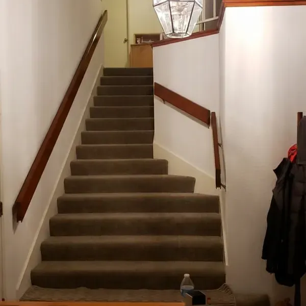 Carpeted staircase with a wood handrail in the East Bay